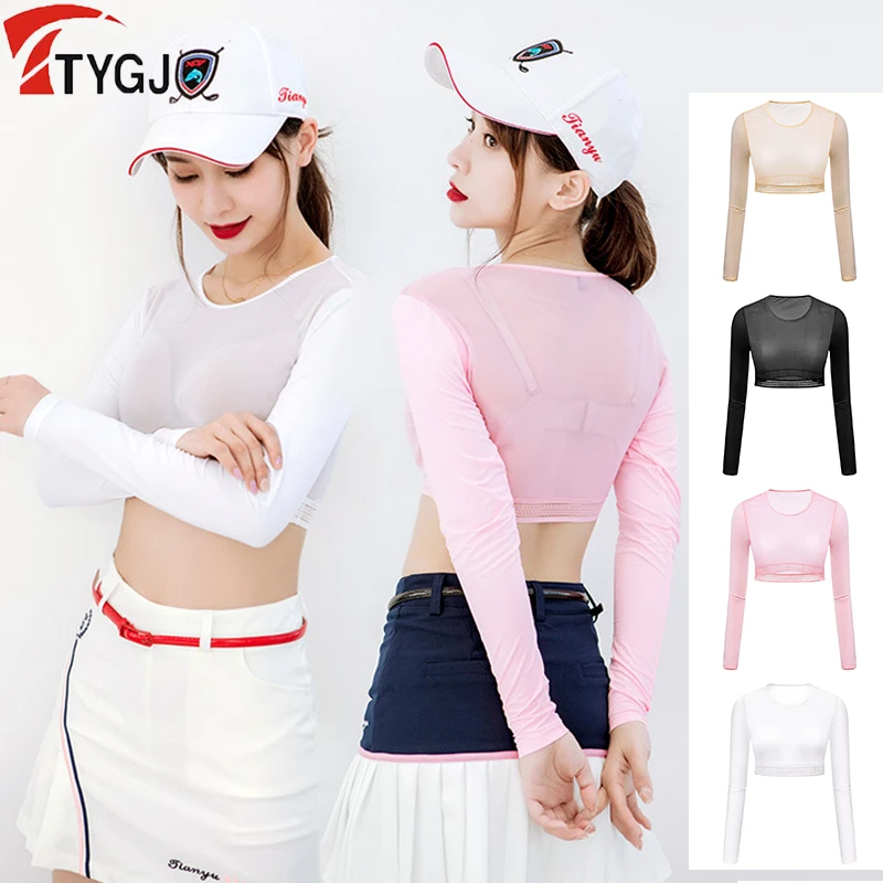 TTYGJ Golf Sunscreen T-shirt Women Ice Silk Golf Crop Top Cooling Bottomings Shirt Lady Breathable Long Sleeve Tops Anti-UV Thin