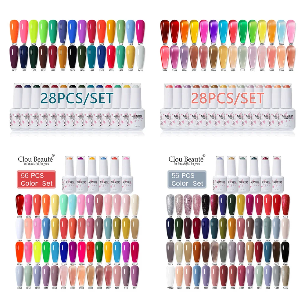 

Clou Beaute 28/56pcs Color Nails Polish Set Gel Nail Kit with Manicure Semi Permanent Autumn Brown Black White Red Full Set