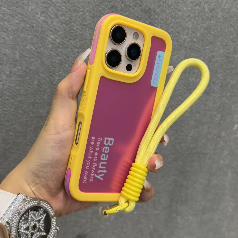 Snoep Contrast Kleur Laser Polsband Case Voor iPhone 14 15 16 17 Pro Max Frosted IMD Anti-verlies Koord Lanyard Zachte Bumper Cover