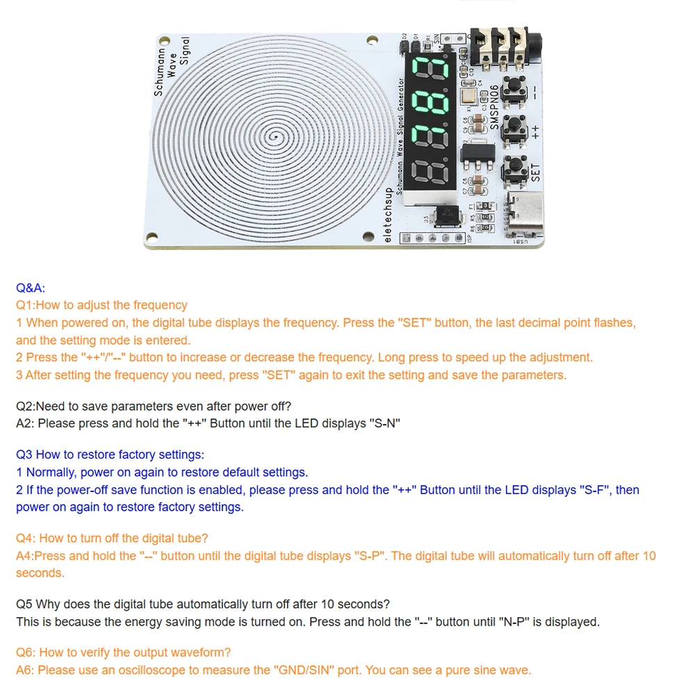 7.83Hz Earth HeartBeat Schumann Ressonância 0,01 Hz ~ 9999 Hz Gerador de sinal de frequência Earth Heartbeat Interface USB tipo C de 4 dígitos