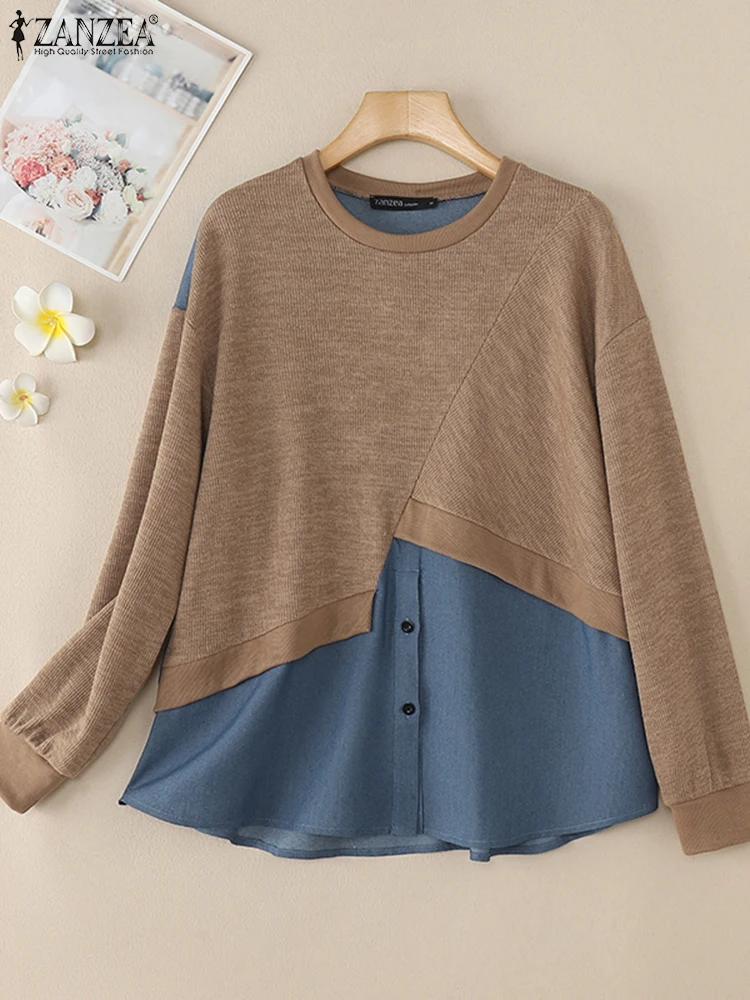 

ZANZEA Knitted Patchwork Long Sleeve Pullovers Casual Women's 2025 Spring Chic Fashion Sweatshirts O Neck Streetwear Hoodies