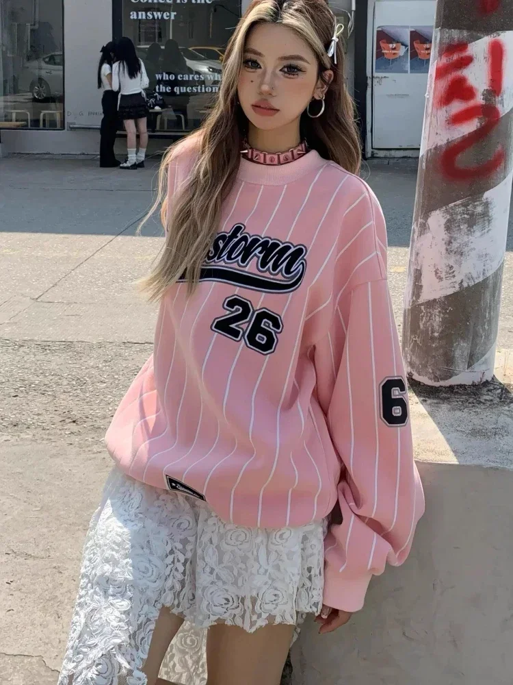 Adagirl y2k rosa übergroße Sweatshirt weibliche gestreifte Langarm Baseball Hoodie Hip Hop Streetwear lässige Frauen Kleidung kpop