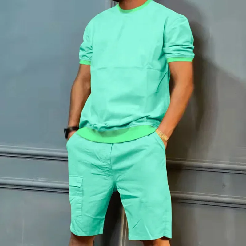 Tuta sportiva da uomo estiva Utensili Borse multiple casual Pantaloncini da cinque centesimi Maglietta casual da spiaggia girocollo Abito da uomo in due pezzi