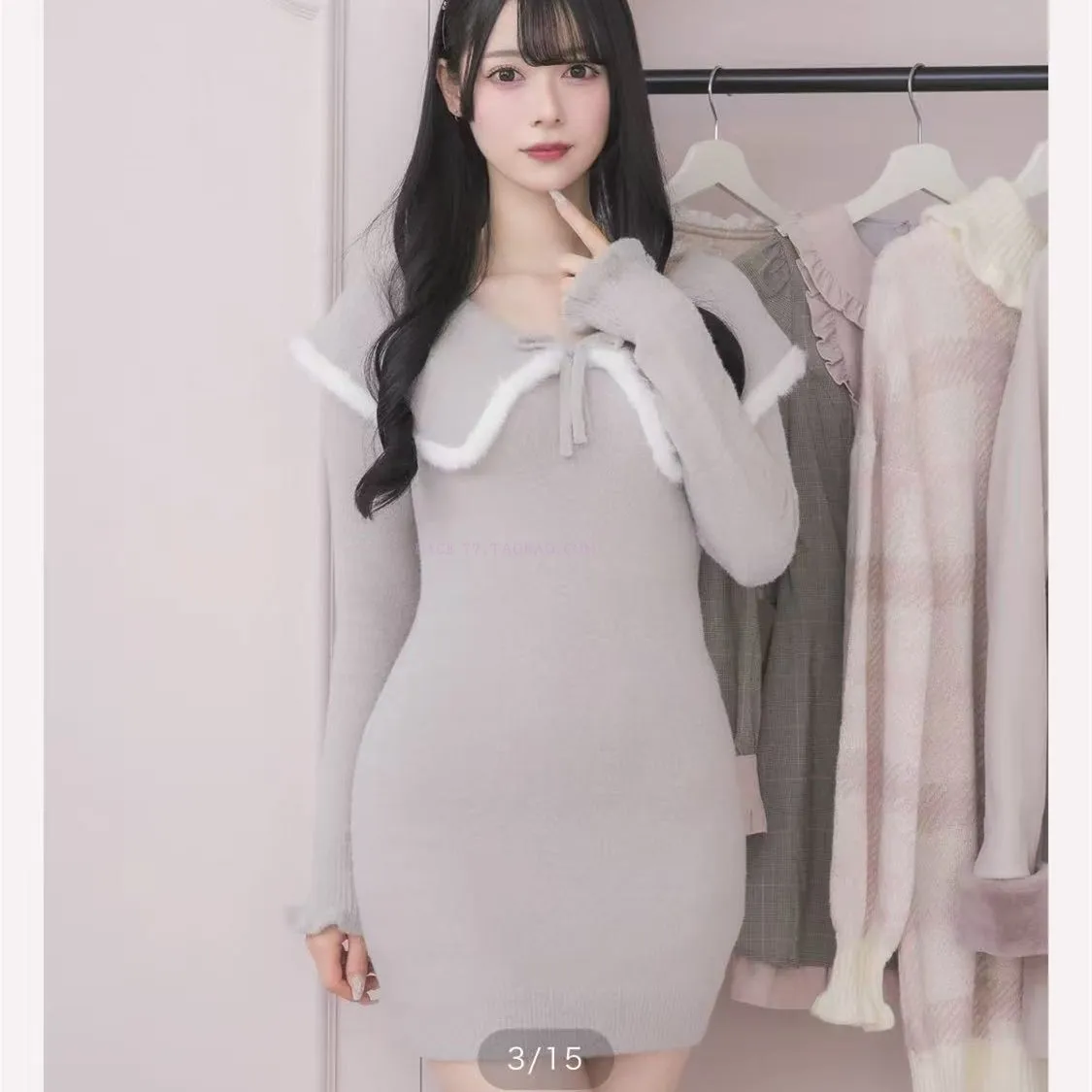 2025 اليابانية الحلو موضة فستان منسوج الخريف الشتاء الفتيات النساء سليم صالح أنيقة بدوره إلى أسفل طوق متماسكة طويلة الأكمام سترة OP #2