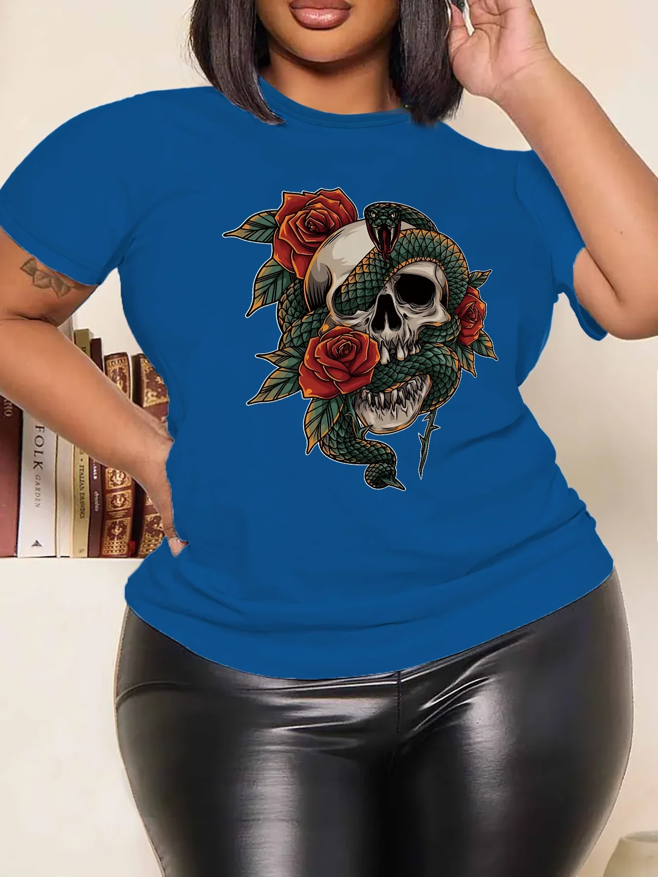 Vrouwen Plus Size Kleding Zomer Casual Korte mouwen 8 Kleuren O-hals T-shirt Gedrukt Grafische Skull Eye Snake Plus Size T-shirt