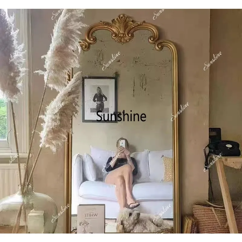 French retro carved full-length mirror household wall-mounted full-length mirrorTJ