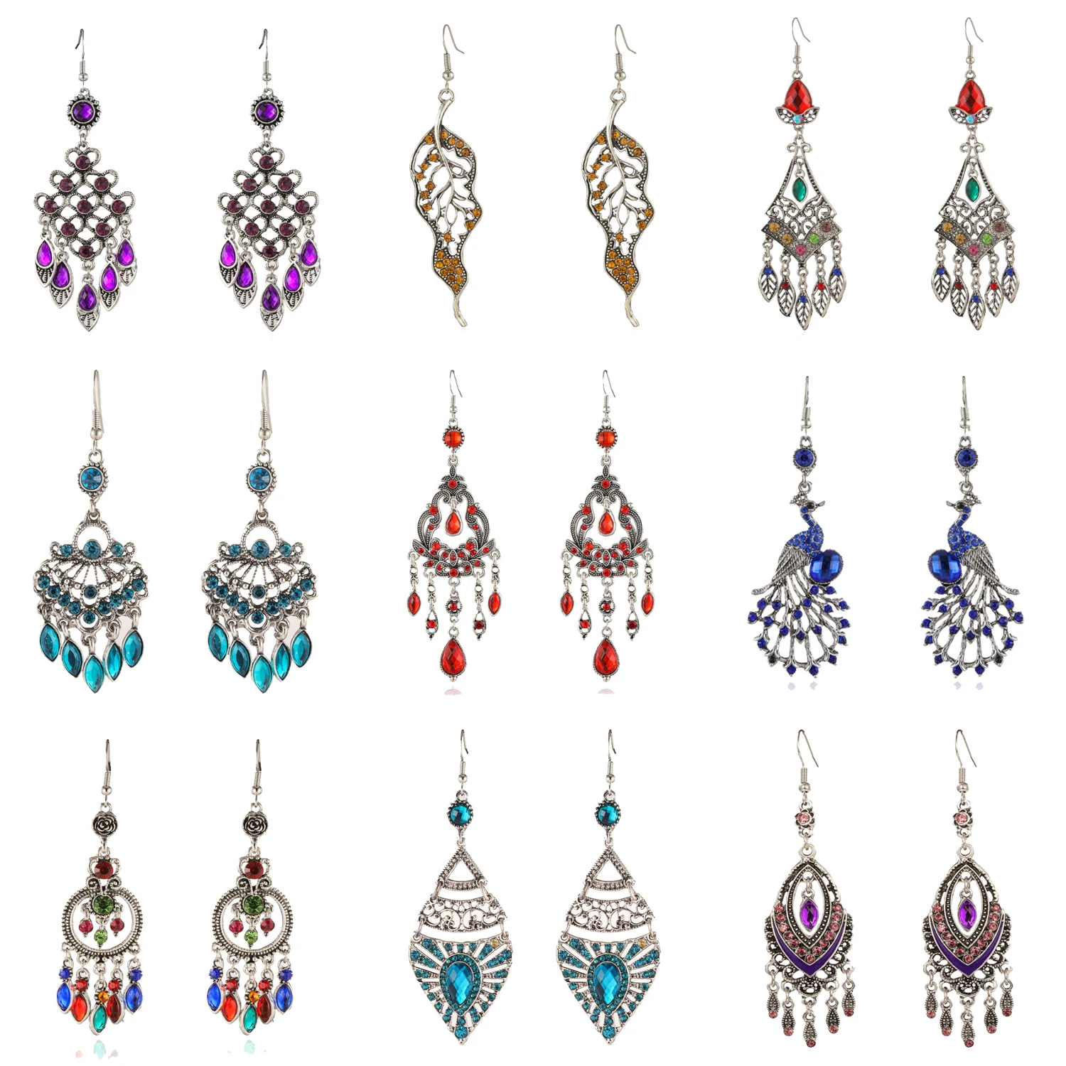 New Bohemian Multicolor Rhinestone Crystal Earrings Gypsy Ethnic Long Hollow Geomtric Dangle Earrings Bijoux Femme Boheme Gift