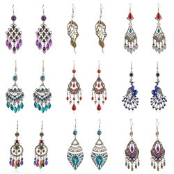 New Bohemian Multicolor Rhinestone Crystal Earrings Gypsy Ethnic Long Hollow Geomtric Dangle Earrings Bijoux Femme Boheme Gift