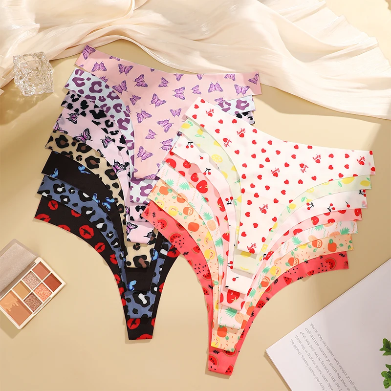 FINETOO 7Pcs Ice Silk G-String Lady Sexy Thong Women One Piece Seamless Girl Panties Fresh Low Waisted Underwear Print Underwear