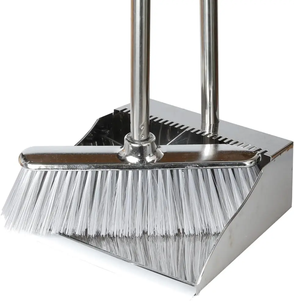 

Metal Dustpan with Soft Bristles Broom Heavy Duty Stainless Steel Upright Standing Dust Pan and Broom for Sweeping Indoor Outdoo