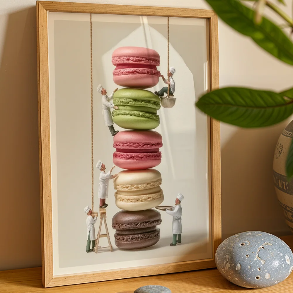 Abstract Mini Chefs Stacking Macarons Canvas Wall Art,2D Print,Wall Decor For Kitchen Dining Room,Aesthetic Home Decor Gift
