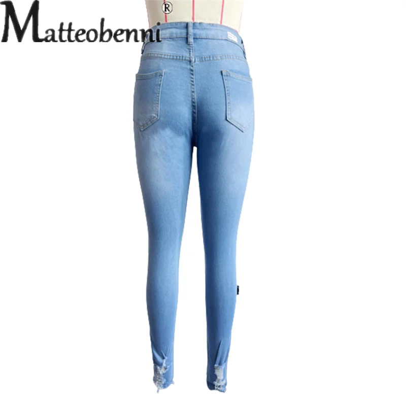 Sexy scava fuori fori rotti Jeans attillati a matita donna vita alta Slim Fit Denim pantaloni moda femminile Street Casual blu pantaloni