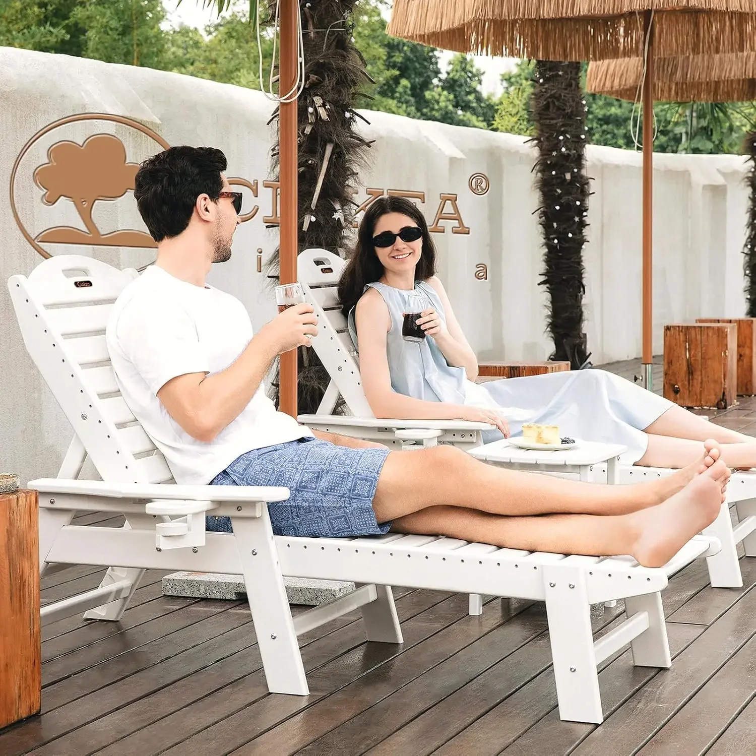 Chaise Lounge for Outdoor, Patio  Chairs for Outside, Chaise  Chair with 6 Positions, HDPE Lounge Chair with Cup Hol