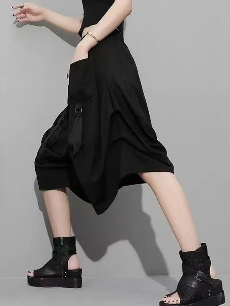 سروال نسائي أسود فضفاض للجنسين متعدد الجيوب شخصية رائعة للفتيات موضة Ulzzang High Street متعدد الاستخدامات بطول الركبة