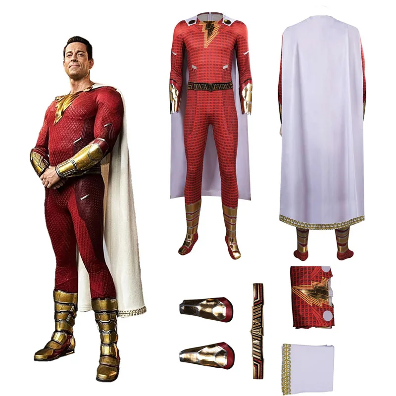 Shazam Wut der Götter Shazam Cosplay Upgrade Kostüm Overall Umhang Gürtel Outfits Halloween Karneval Verkleidung Anzug für Männer