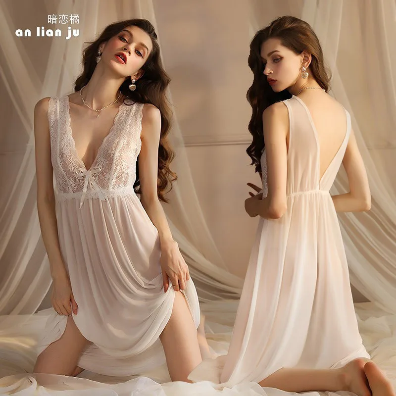 Long Night Dress Women Lace Perspective Gowns Vintage Nightgown Elegant Low-cut Nightdress Sleeveless Sleep Night Wear Woman