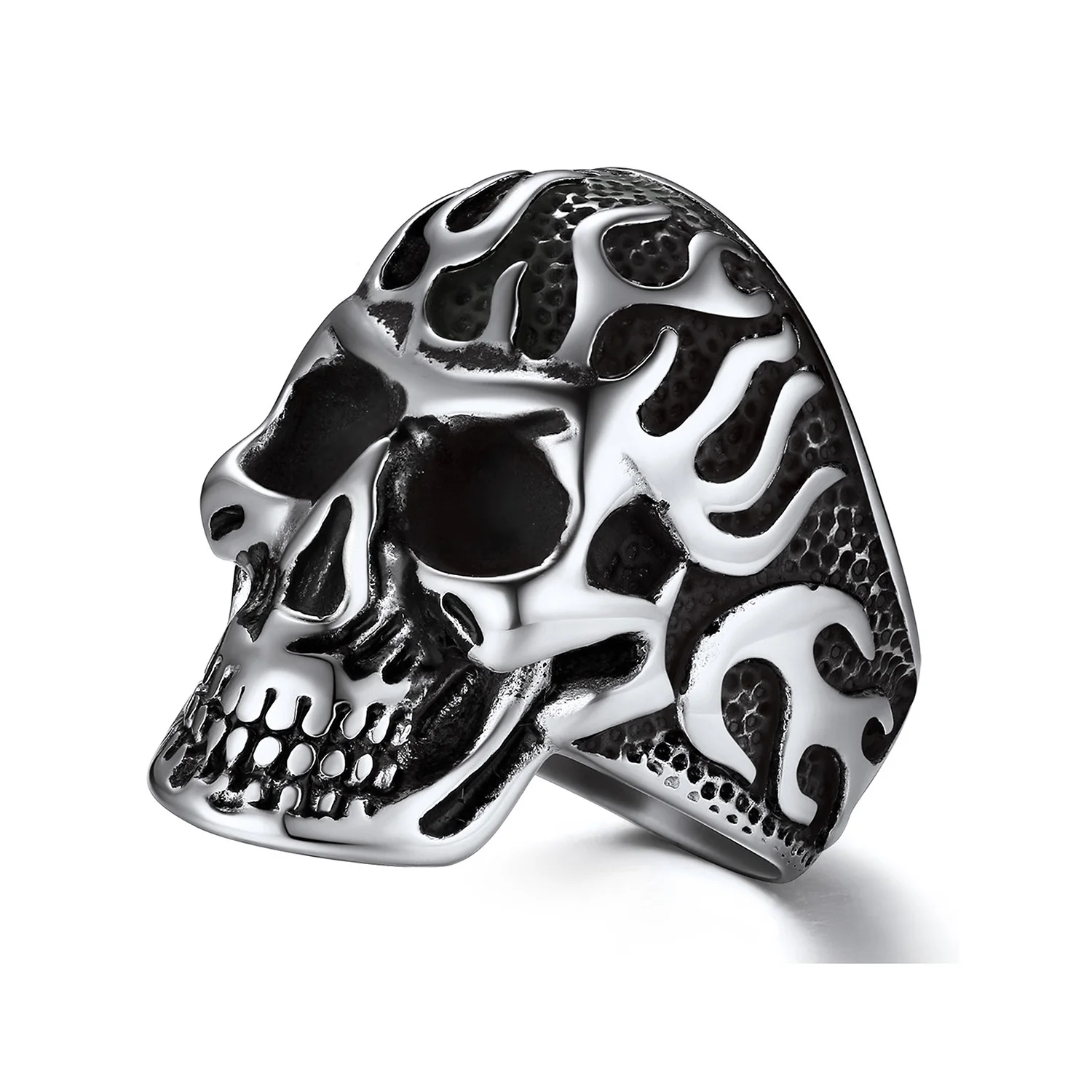 

ChainsPro Retro Style Stainless Steel 3D Embossed Fire Flame Head Skeleton Skull Rings for Man Sizes 7-14 Gothic Punk Jewelry