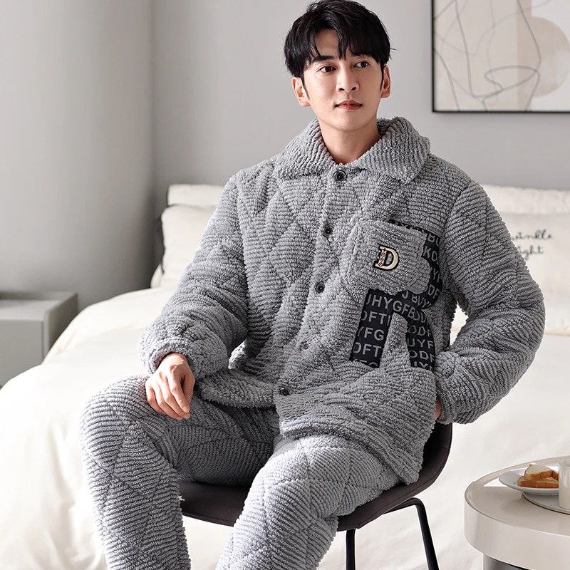 Newest Men's Pyjama Winter Thick Warm Flannel Sleepwear 3 Layers Clip Cotton Pajamas Set