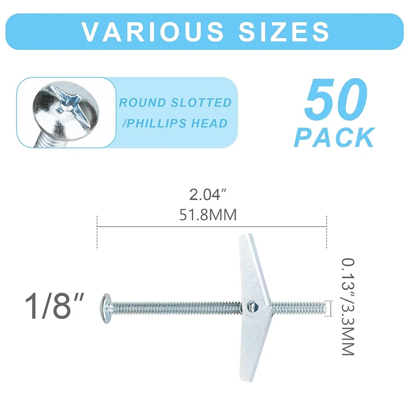 50 Pack 1/8 Inch Toggle Bolts for Drywall, Heavy Duty Metal Drywall Anchors Kit, Dry Wall Anchors and Screws Kit