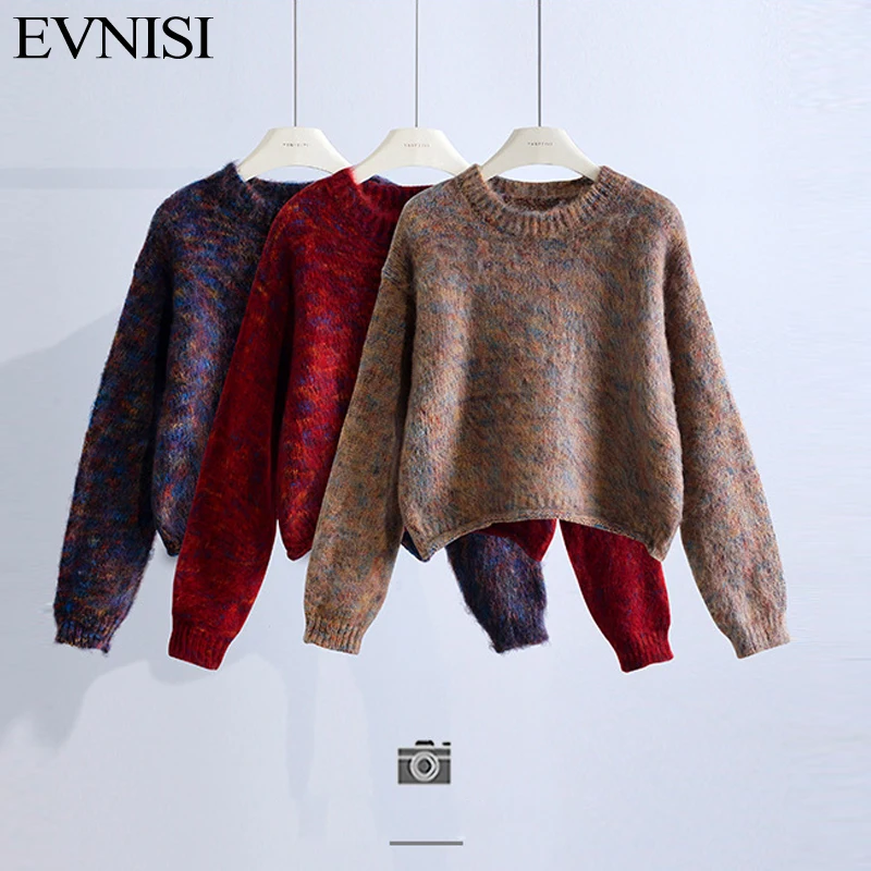 EVNISI Tie-Dyed Red Vintage Sweater Pullovers Women Casual Loose O-Neck Jumpers Outwear Tops Winter Streetwear Sweaters 2023