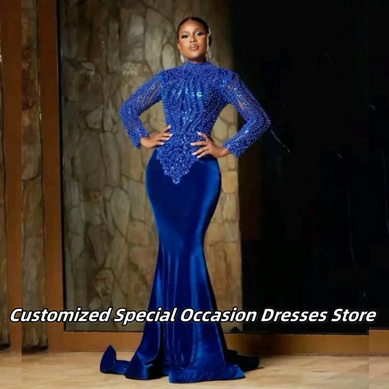

Королевские синие вечерние платья с бисером, длинное бархатное платье русалки с высоким воротом для свадебной вечеринки, платья для выпускного вечера для африканских женщин по индивидуальному заказу