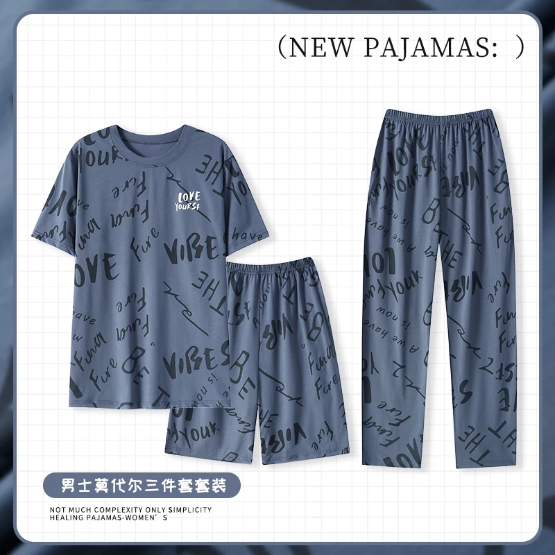 3 Pieces Set Modal Soft Men's Sleepwear for Summer and Spring Short Sleeves Sleeping Top & Shorts & Long Pant Pajamas Young Pjs