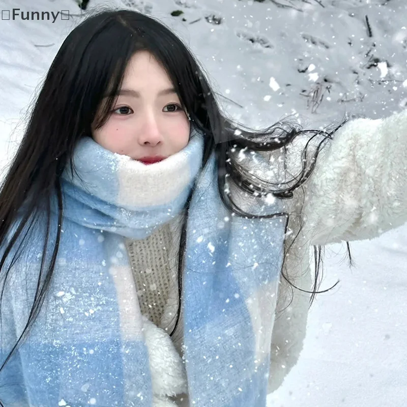 [مضحك] وشاح نسائي جديد لخريف/شتاء على الطراز الكوري شال منقوش متعدد الاستخدامات سميك دافئ طويل من القطيفة لتدفئة الرقبة