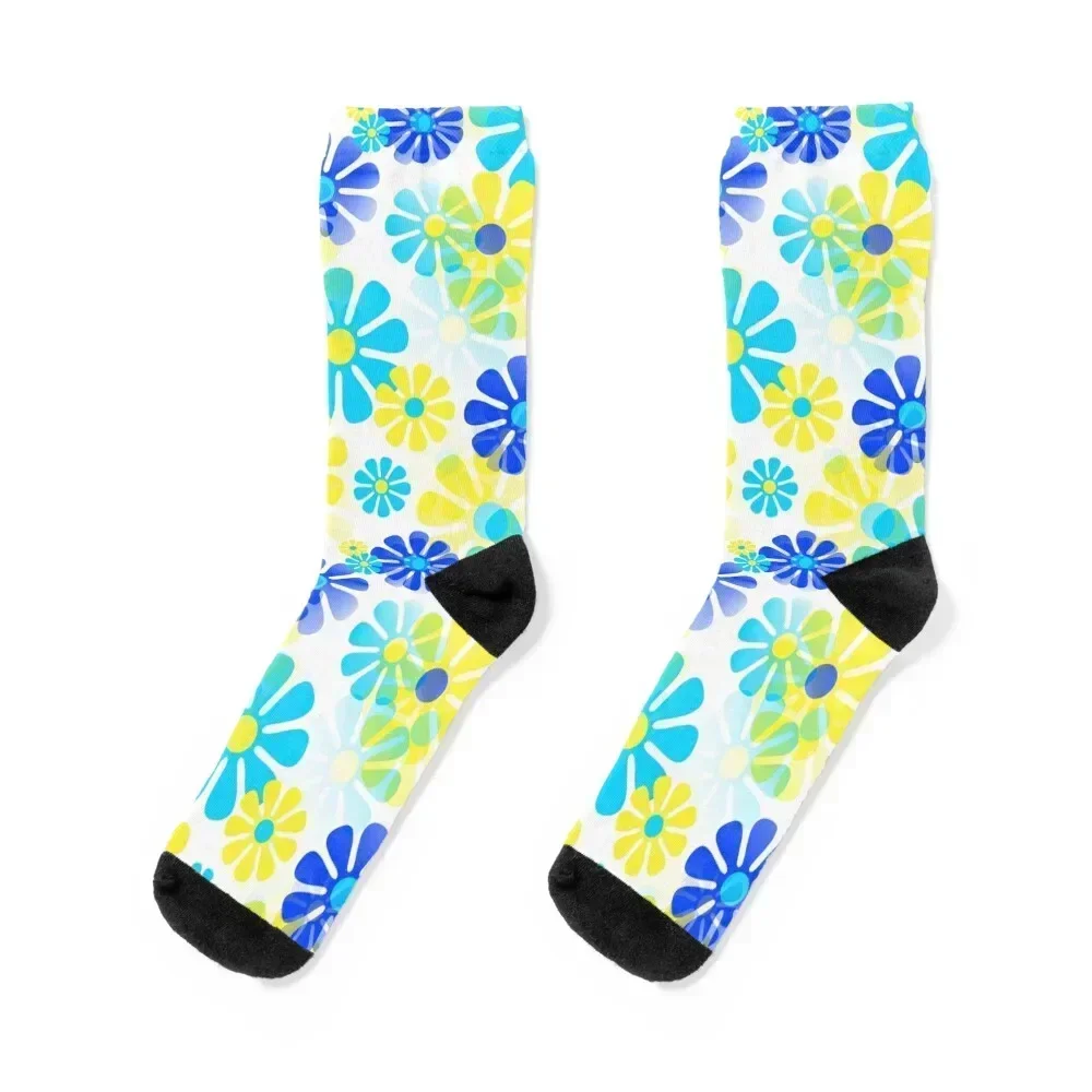 60's Retro Groovy Mod Flowers in Yellow, Aqua and Blue Socks winter gifts set cycling christmass gift Man Socks Women's