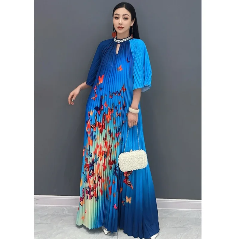 Vefadisa 2024 Summer New Blue Women Dress A-line Printed Dress With Large Hem Pleated Flare Sleeve Long Dress Elegant HLX416