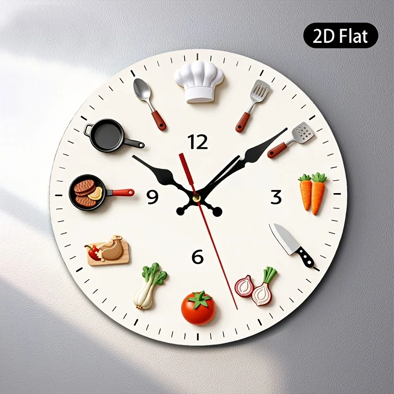 Single-piece, 2D Flat Wall Clock Featuring Designs of Chef's Hat, Spoon, Spatula, Frying Pan, Steak Carrot, Knife