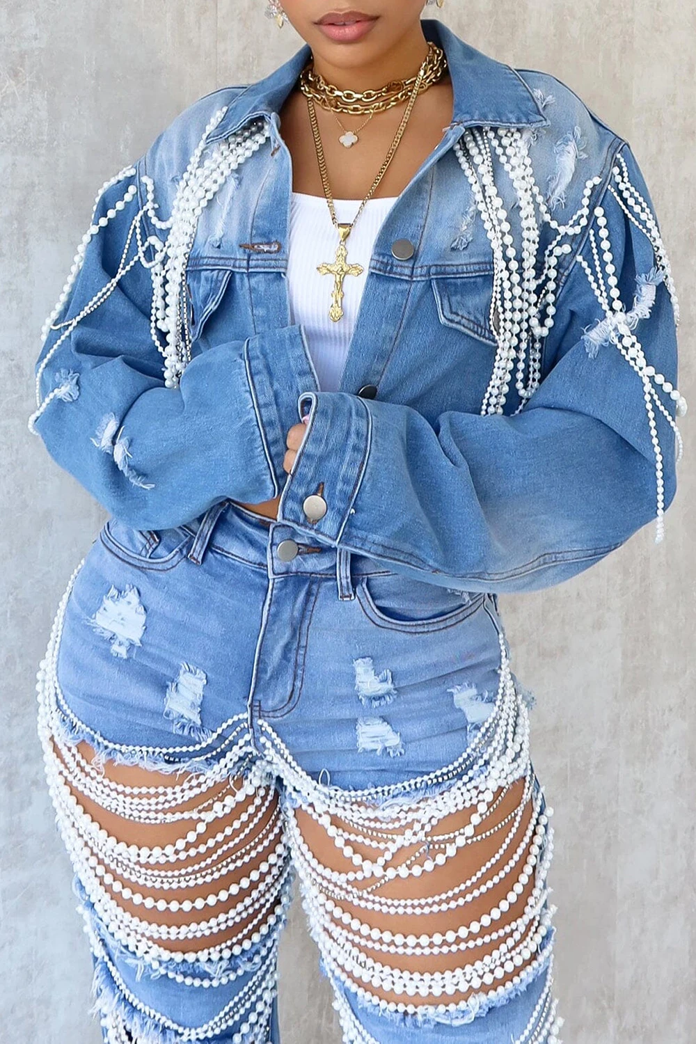 Plus Size Party Blue Shirt Collar Long Sleeve Pearls Denim Jacket Outwear