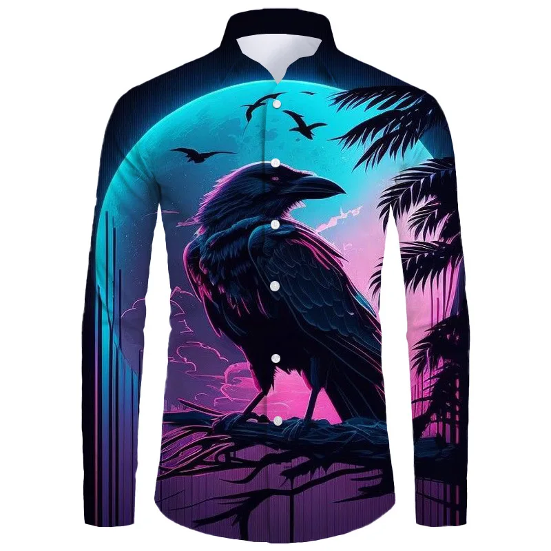 2024 New Men Long Sleeve Shirt Night Crow Halloween Party 3d Printed Shirt Sports Loose Shirt Office Blouses Men's Button Tops