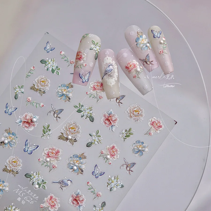 1pcs 5D Diamond Pearl Peony Nail Art Sticker 5D Relief Colorful Flower Self-Adhesive Stickers Nail Decorations Slider Decals DIY