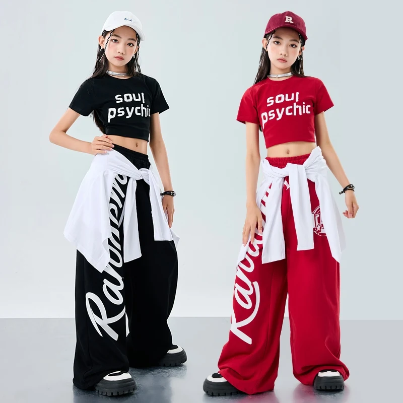 Cool Meisjes Jazzdans Outfit Kpop Stage Performance Kostuum Crop Top Rode Shuffle Broek Zwart Hip Hop Set Kinderen Street Wear 2083