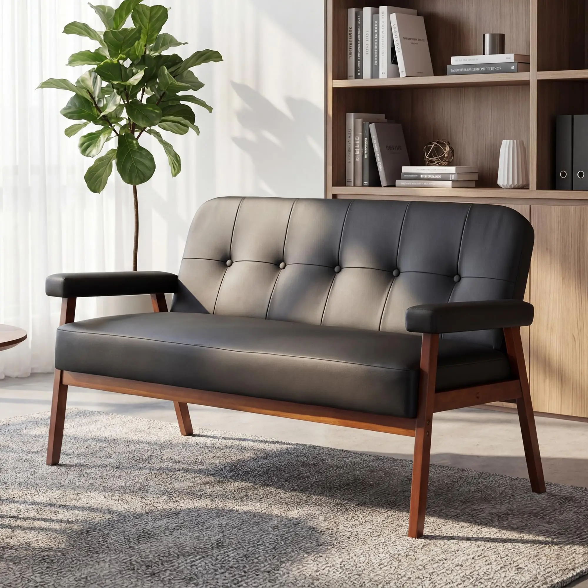 50”W Black Leather Small Office Couch, Loveseat Sofa with Wooden Arms | , Mid Century Modern, Comfy, Lounge, Living