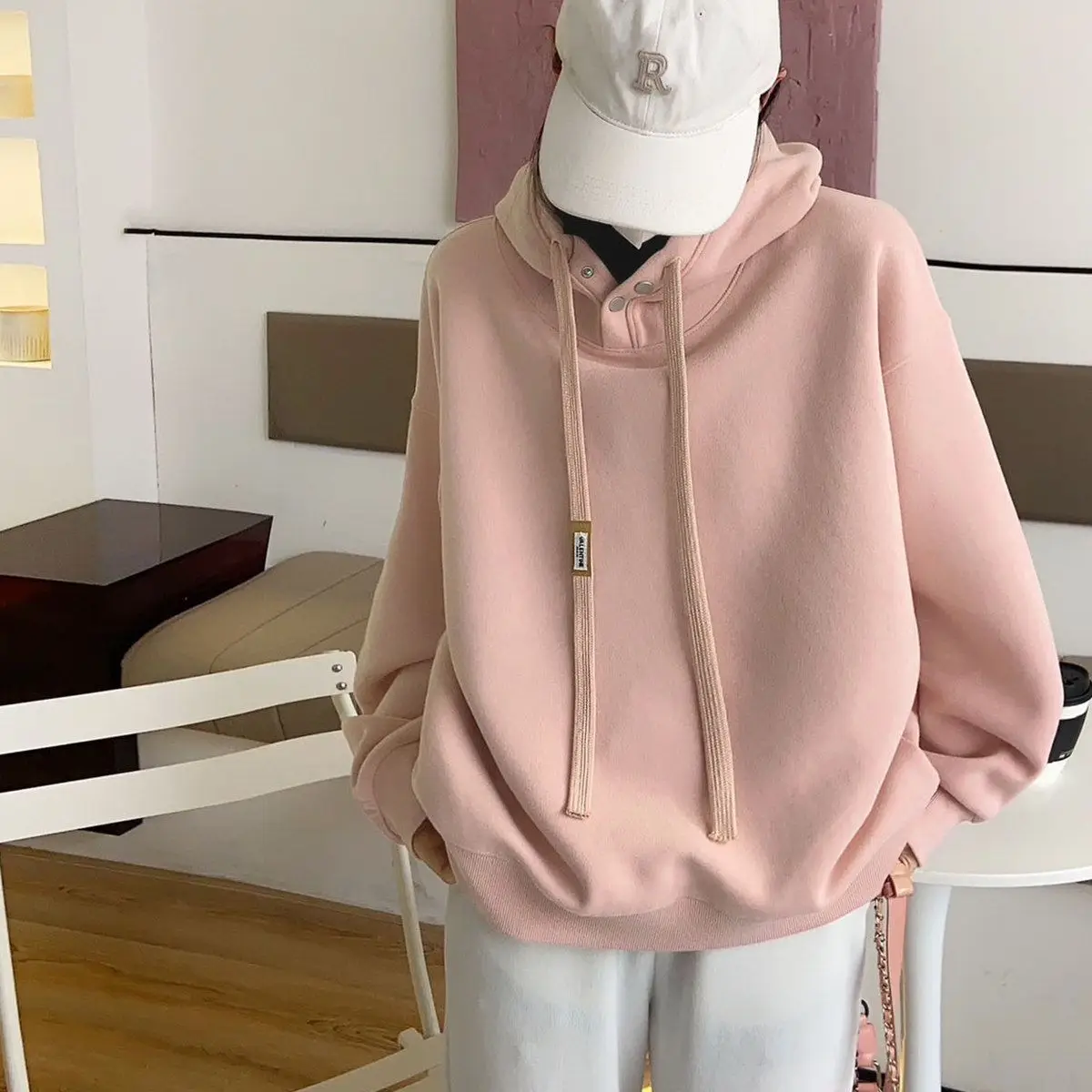 Thickened Fleece Hooded Sweatshirt for Women Long Sleeve Pullover Hoodies Casual Loose Solid Pull Top Coat Autumn Couple Clothes