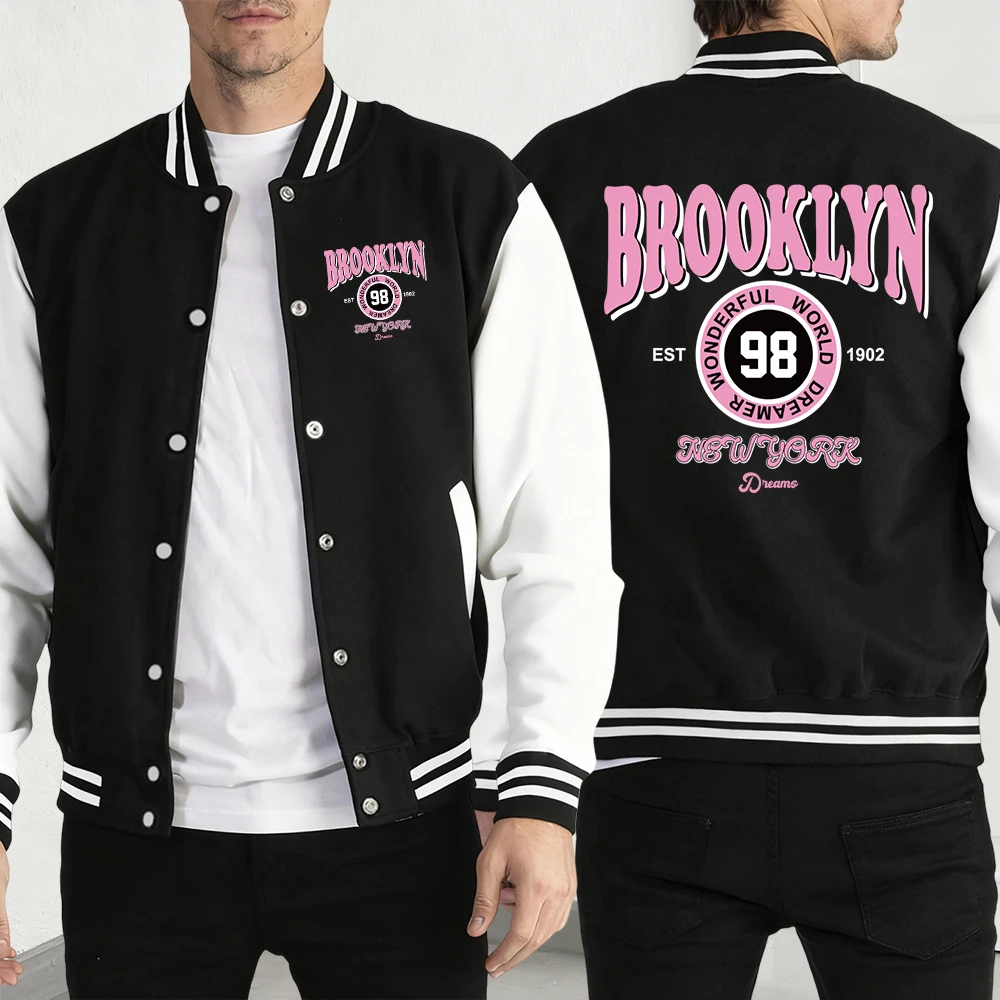 

Pink Brooklyn New York Print Baseball Jackets Men Autumn Warm Y2K Menswear Fleece Pullover Fashion Clothes Pocket Loose Coat