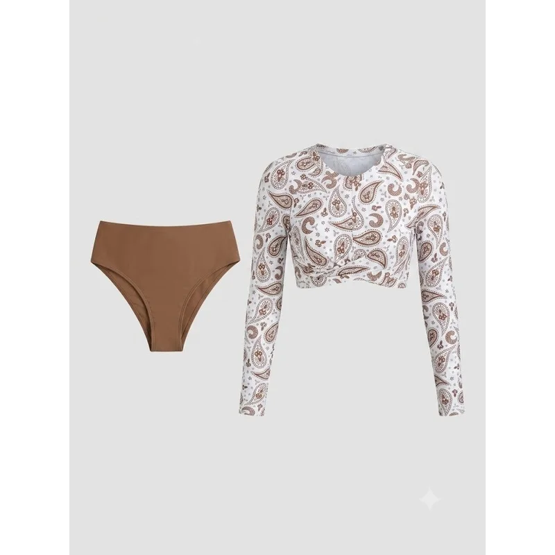 JEWELRY SEN Women Paisley Print Long Sleeve Rash Guard 2-Piece Crop Top High Waist Beach Bathing Suit Swimwear