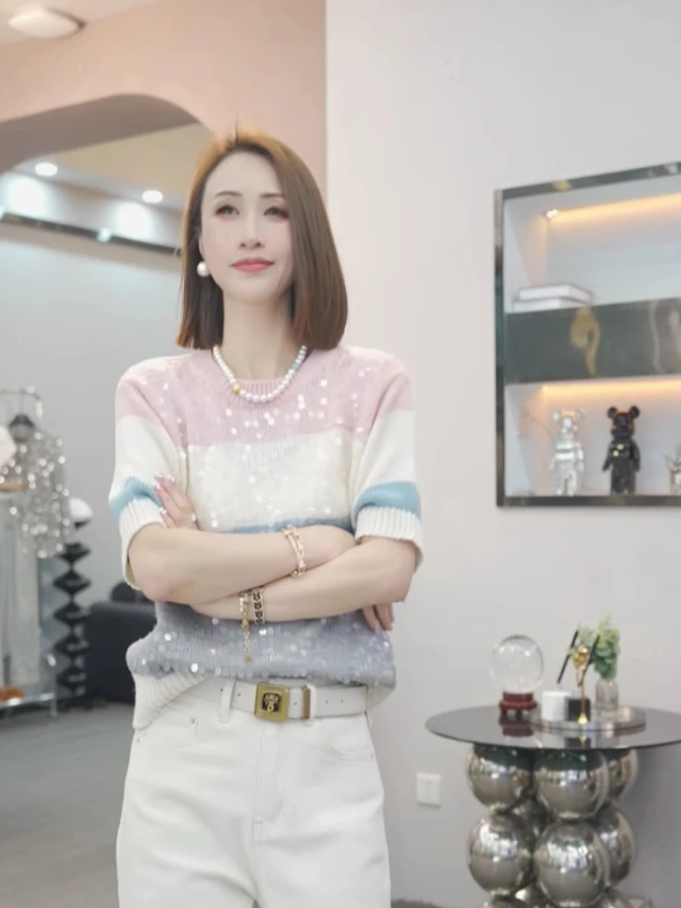 Ele Lavorato a maglia rotondo Ne ort Sve irt Soft iny Paillettes a righe Colore Blo Gentle Top Versatile Summer Faion Donna...