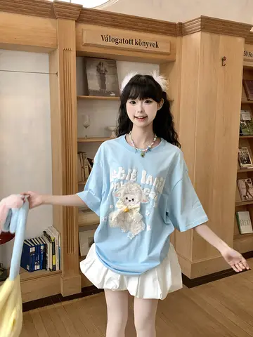 Mdada Blue eep Sweet Girl 반소매 티셔츠 여성용 루즈 BF 스타일 귀여운 탑 코튼 땀 흡수 여름 신착