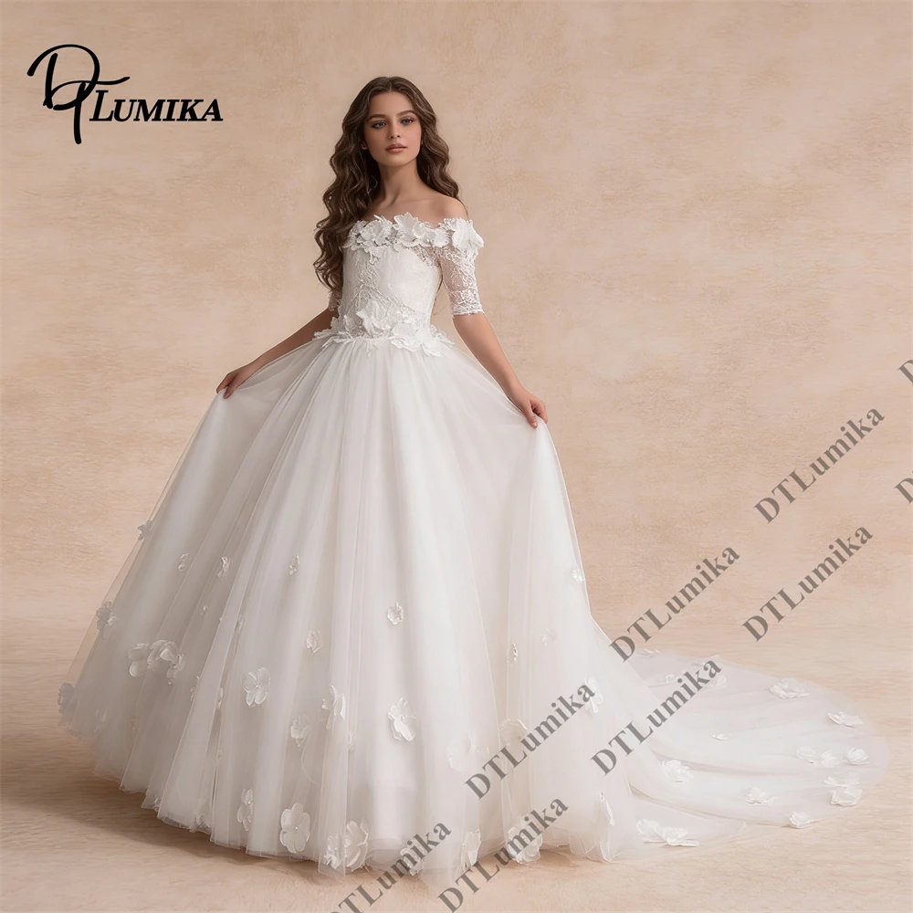 

DTLumika Women's Tailored Wedding Dress Half Sleeves 3D Floral Details Ball Gown Bride Dresses with Court Train Off Shoulder