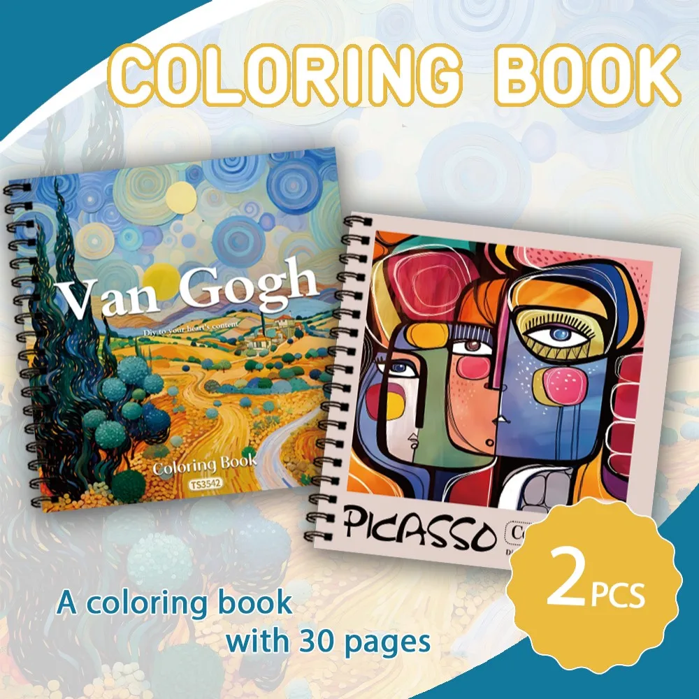 2pcs Vangogh & Picasso Coloring Book Set, Abstract Style, 30 Unique Designs, 8.3 X 8.3 Inches, Spiral Bound, Perfect Gift