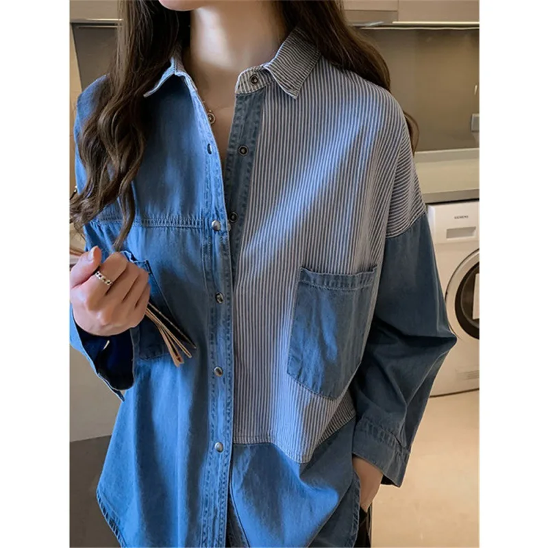 Vintage Women Spring Summer 2024 New Jeans Shirt Casual Cotton Female Long Sleeve Denim Shirt Loose Korean Splicing Blouses 