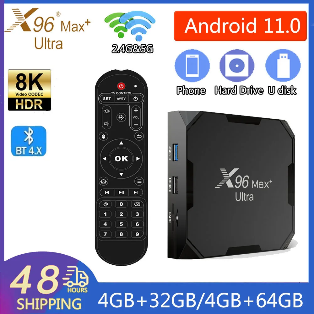 

Smart TV Box X96 Max+ Ultra Amlogic S905X4 Android 11.0 2.4G&5G Dual WiFi AV1 8K BT4.0 HDR10+ Smart Media Player Set Top Box