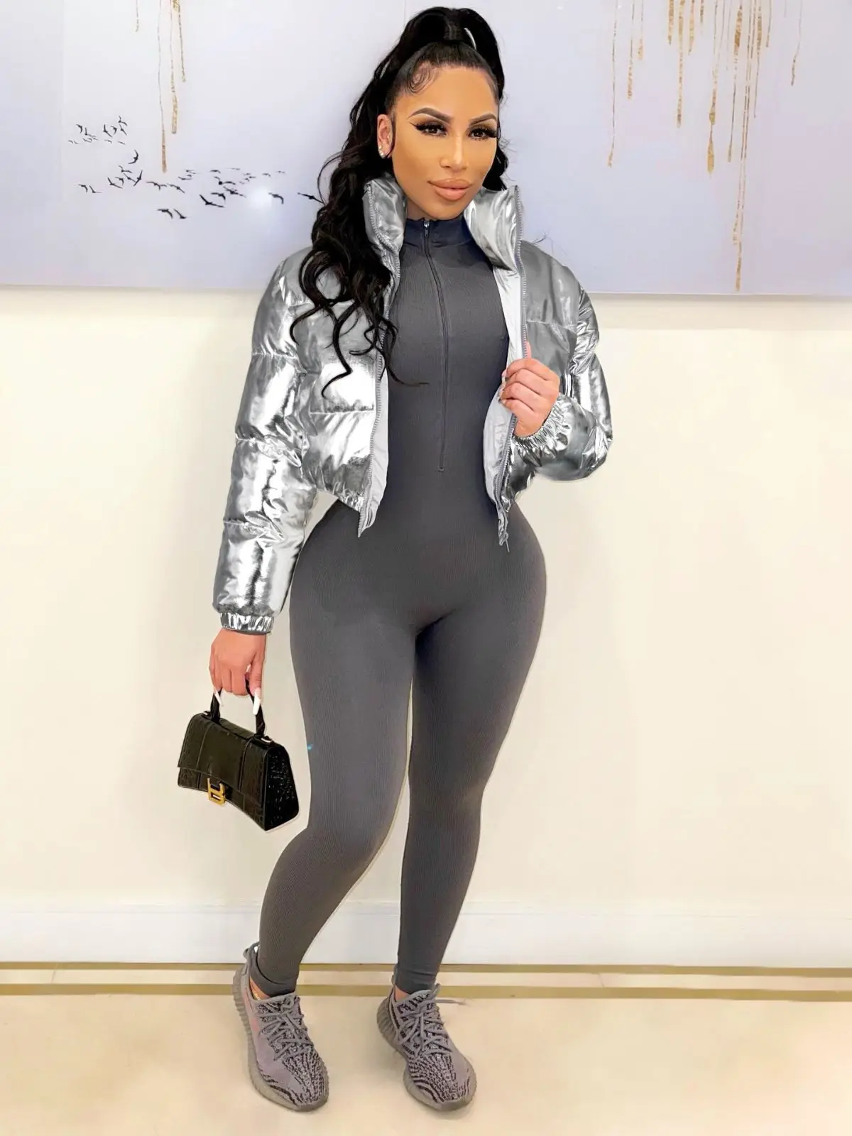 

Faionable Gold Emed Cotton Jaet Casual ort Crop Zipper Closure Thiened Long Sve Loose Fit Polyester Fabric