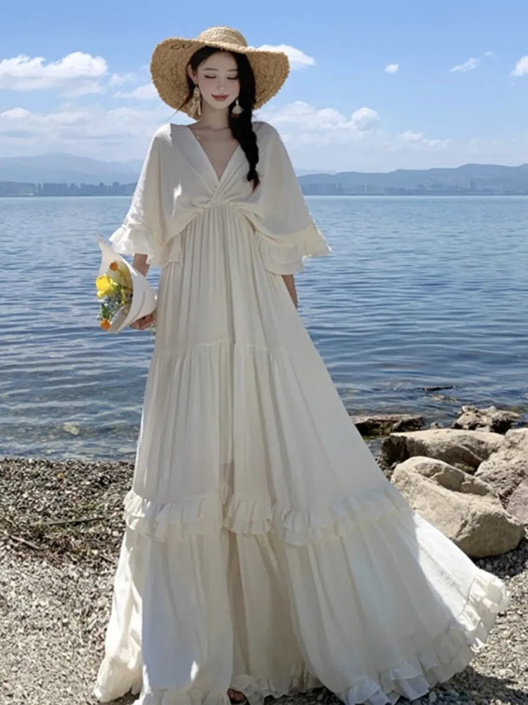 

Bohemian Vacation Style Sexy Backless Deep V Neck Batwing Sleeve Long Dresses Women's Solid Ruffles Splice Big Swing Beach Dress
