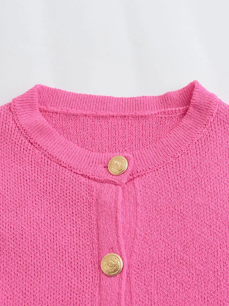 TRAF 2024 Women\'s Knitted Cardigan Sweater Golden Buttons Front Patch Pockets Long Sleeve Female Outerwear Chic Tops