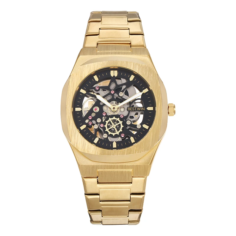 2026 BESTWIN Men's Skeleton Quartz Watch Full Stainless Steel Band Sapphire Glass 50mm Large Dial Waterproof Business Wristwatch