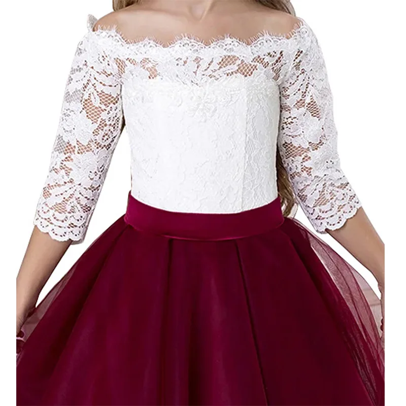 Crianças nova menina de flor vestido fora do ombro 3/4 manga longa rendas apliques tule vestido baile festa aniversário para o casamento da menina pano