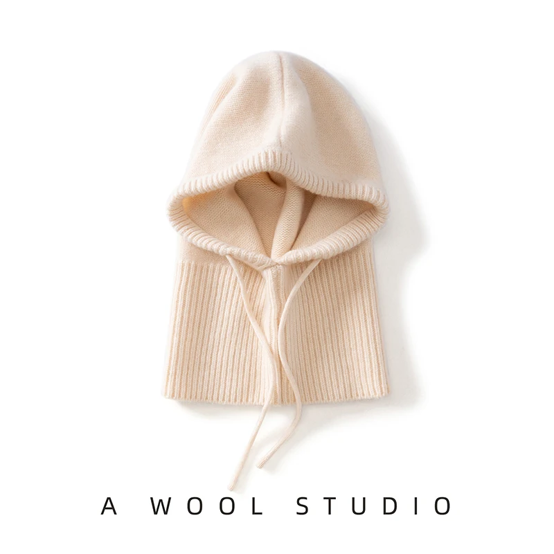 100%Merino Wool Balaclava Hat For Women/Men Outdoor Hooded Drawstring Winter Hats Casual Soft Neck Portection Warm Knitted Caps